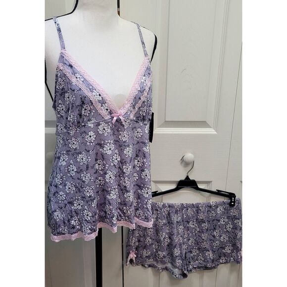 Rene Rofe' Sleepwear Cami Shorts Set Sz L New Floral Lace Trim Deep V Sleeveless - Picture 3 of 11